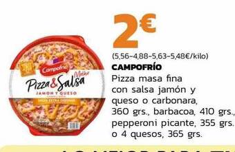 Supermercados Lupa Campofrío pizza masa fina con salsa jamón y queso o carbonara, barbacoa, pepperoni picante o 4 quesos oferta