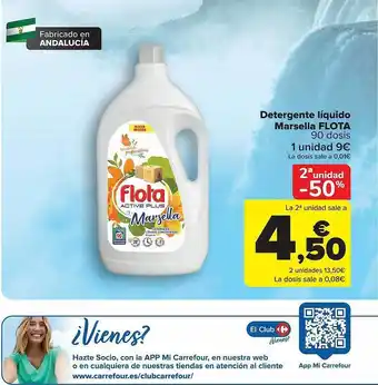Carrefour 2a unidad -50% detergente líquido marsella flota 90 dosis oferta