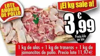 Unide Supermercados 1 kg de alas + 1 kg de traseros + 1 kg de jamoncitos de pollo. precio lote oferta