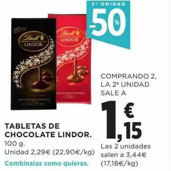 Hipercor 2a unidad -50% tabletas de chocolate lindor oferta