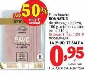 Alimerka Bonnatur Finas lonchas de pechuga de pavo, 100g o jamón cocido extra, 110g oferta