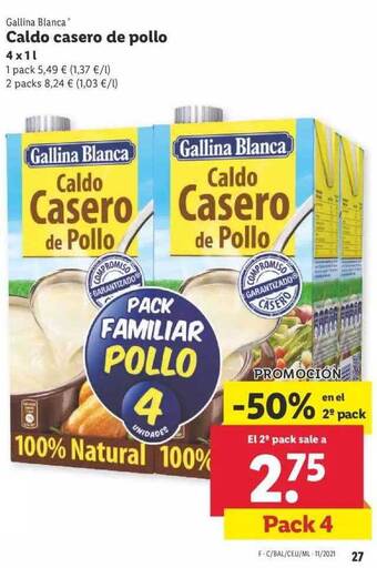 Lidl Gallina Blanca Caldo casero de pollo 4 x 1l oferta