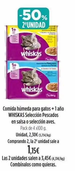 El Corte Inglés -50% 2a unidad comida húmeda para gatos + 1 año whiskas selección pescados en salsa o selección aves oferta