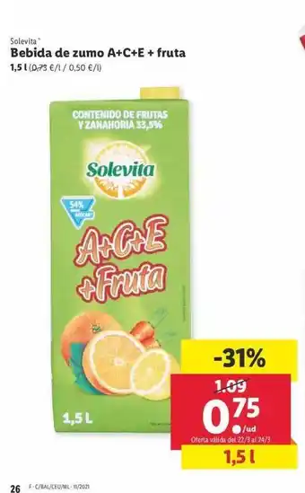 Lidl Solevita Bebida de zumo A+C+E+ fruta 1,5l oferta