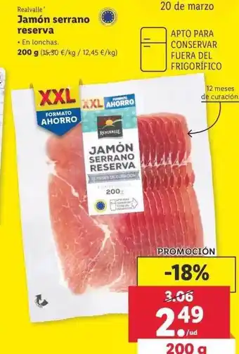 Lidl Realvalle Jamón serrano reserva 200g oferta
