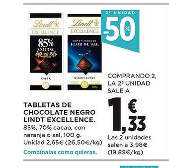 El Corte Inglés 2a unidad -50% tabletas de chocolate negro lindt excellence oferta