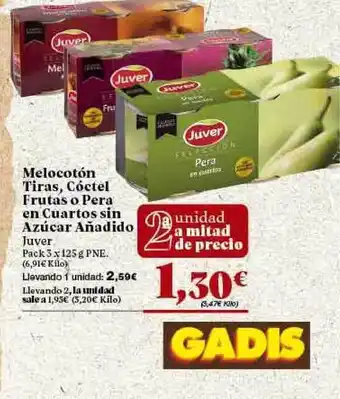 Gadis Juver Melocotón Tiras, Cóctel Frutas O Pera en Cuartos sin Azúcar Añadido 3 x 125g oferta