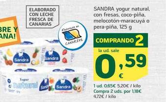 HiperDino Sandra yogur natural con fresas, coco-piña melocotón-maracuyá o pera-piña oferta