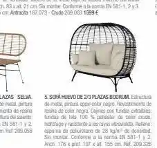 Maisons du Monde 5. sofá huevo de 2/3 plazas bodrum. estructura de metal, pintura epoxicolor negro. revestimiento de resina de color negro. co oferta