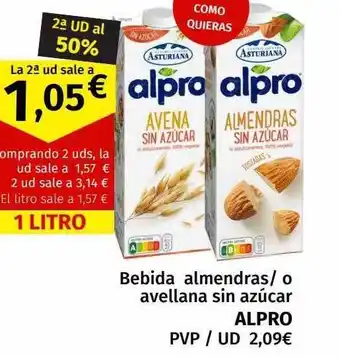 Maskom Supermercados Bebida almendras o avellana sin azúcar alpro oferta