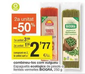 BonpreuEsclat 2a unitat -50% espaguetis ecològics de pèsols o llenties vermelles biogra oferta