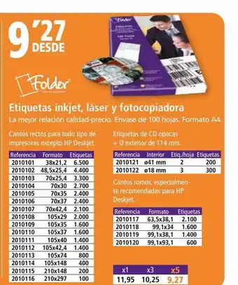 Folder Folder etiquetas inkjet, láser y fotocopiadora oferta
