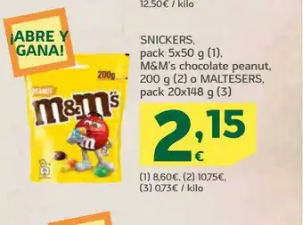 HiperDino Snickers m&m's chocolate peanut o maltesers pack oferta