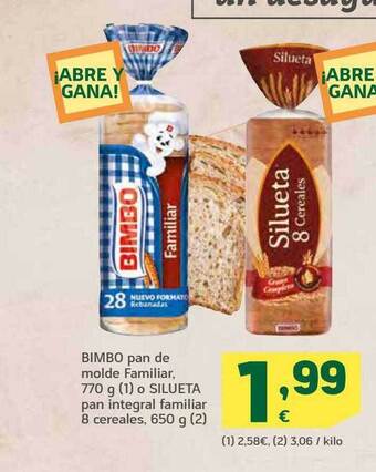 HiperDino Bimbo pan de molde familiar o silueta pan integral familiar 8 cereales oferta