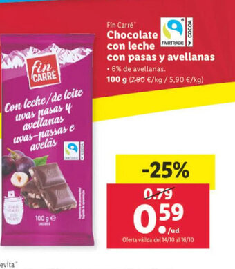 Lidl Fin Carré Chocolate con leche con pasas y avellanas oferta