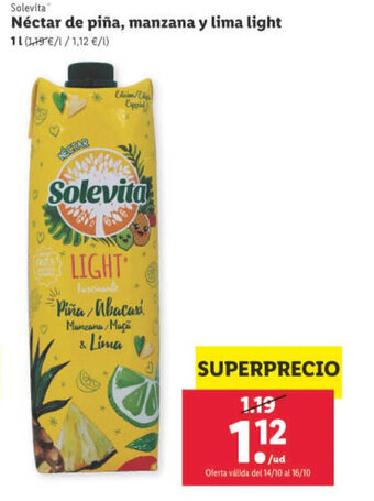 Lidl Solevita Néctar de piña, manzana y lima light oferta