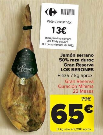 Carrefour Jamón serrano 50% raza duroc gran reserva los berones oferta