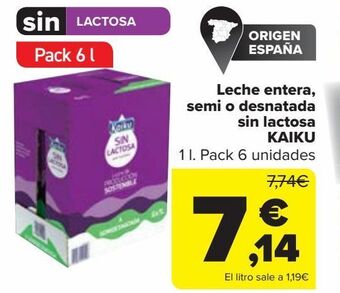 Carrefour Leche entera, semi o desnatada sin lactosa kaiku oferta
