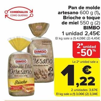 Carrefour Pan de molde artesano brioche o toque de miel bimbo oferta