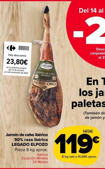 Carrefour Market Jamón de cebo ibérico 50% raza ibérica legado elpozo oferta