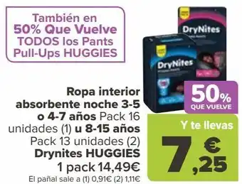 Carrefour Ropa interior absorbente noche 3-5 o 4-7 años u 8-15 años drynites huggies oferta