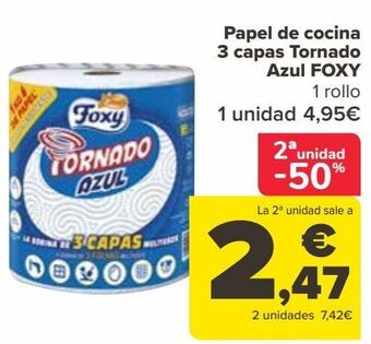 Carrefour Papel de cocina 3 capas tornado azul foxy oferta