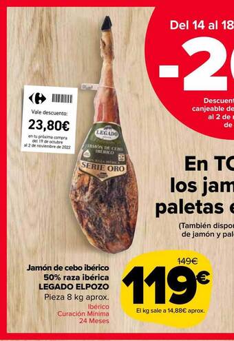 Carrefour Market Jamón de cebo ibérico 50% raza ibérica legado elpozo oferta