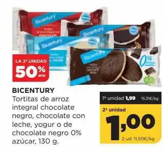 Alimerka La 2a unidad 50% dto bicentury tortitas de arroz integral chocolate negro, chocolate con leche, yogur o de chocolate negro 0% oferta