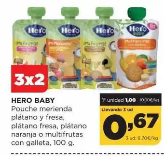 Alimerka Hero baby pouche merienda plátano y fresa, plátano fresa, plátano naranja o multifrutas con galletas oferta
