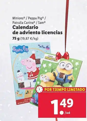 Lidl Minions peppa pig patrulla canina sam calendario de adviento licencias oferta