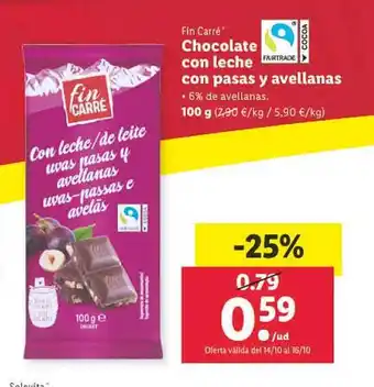 Lidl Fin carré chocolate con leche con pasas y avellanas oferta