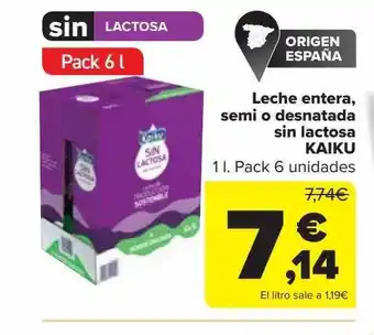 Carrefour Leche entera semi o desnatada sin lactosa kaiku pack 6 oferta