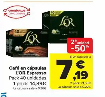 Carrefour 2a unidad -50% café en cápsulas l'or espresso pack 40 oferta