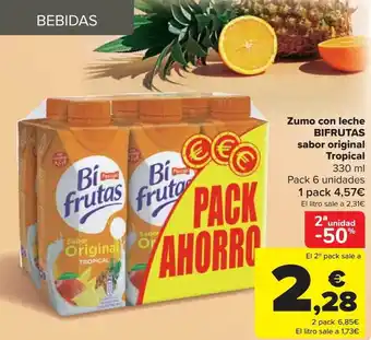 Carrefour 2a unidad -50% zumo con leche bifrutas sabor original tropical oferta