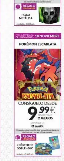 Game Regalo por compra + caja metálica limitado a 5.000 uds fecha estimada 18 noviembre de lanzamiento pokémon escarlata po oferta