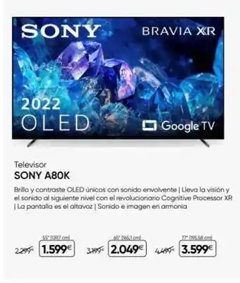 Fnac Sony 2022 oled televisor sony a80k 55 (1397 cm 2.299 1.599€ bravia xr google tv brillo y contraste oled únicos con son oferta