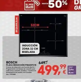Worten 59,2x59,2cm bosch placa inducción pid651fcie 3 zona de inducción con función sprint/ programación de tiempo de cocción par oferta