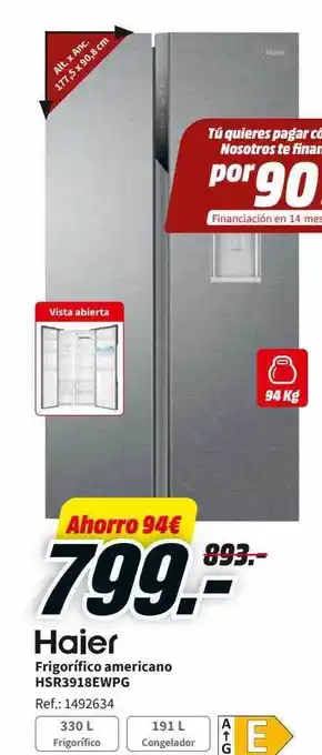 MediaMarkt Haier frigorifico americano hsr3918ewpg oferta