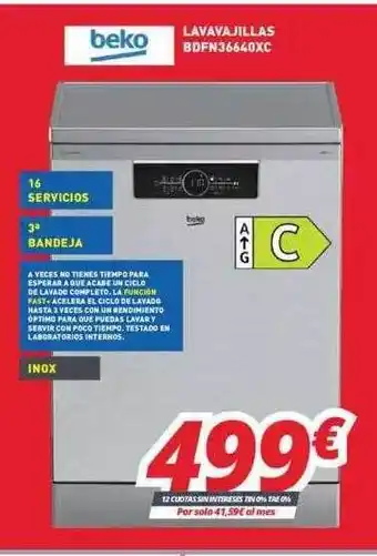 Mi electro Beko lavavajillas bdfn36640xc oferta