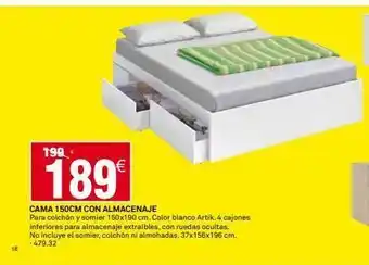 Bricoking 18 199 189€ cama 150cm con almacenaje para colchón y somier 150x190 cm. color blanco artik. 4 cajones inferiores para alm oferta
