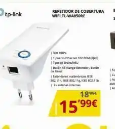 Dynos Informática Tp-link repetidor de cobertura wifi tl-wabsore 300 mbp 11 puerto ethernet 10/100m (45) tipo de cultu botón re (range ext oferta