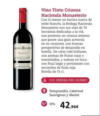 Vino tinto crianza hacienda monasterio
