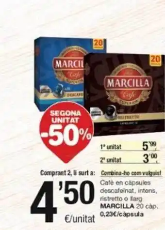 SPAR Fragadis Segona unitat -50% cafè en càpsules descafeinat, intens, ristretto o llarg marcilla oferta