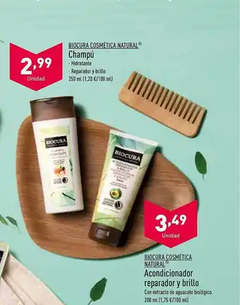 ALDI Biocura cosmética natural champú biocura cosmética natural acondicionador reparador y brillo oferta