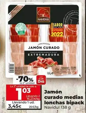 Dia -70% en la 2da unidad jamón curado medias lonchas bipack navidul oferta