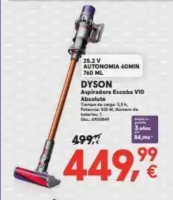 Worten 25.2 v autonomia 60min 760 ml dyson aspiradora escoba v10 absolute tiumpo de carge: 3,5h, potencia: 525 w, número de bater oferta