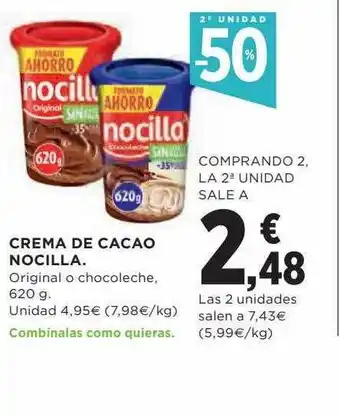 Hipercor 2a unidad -50% crema de cacao nocilla oferta