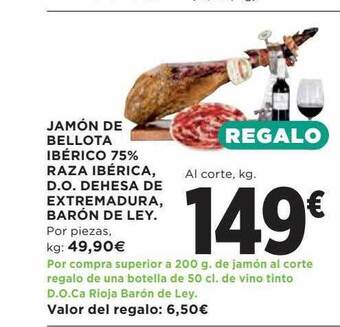 Hipercor Jamón de bellota ibérico 75% raza ibérica, d.o. dehesa de extremadura barón de ley oferta