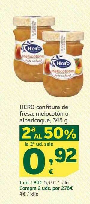 HiperDino Hero confitura de fresa melocotón o albaricoque oferta