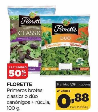 Alimerka La 2a unidad 50% dto florette primeros brotes classics o dúo canónigos + rúcula oferta